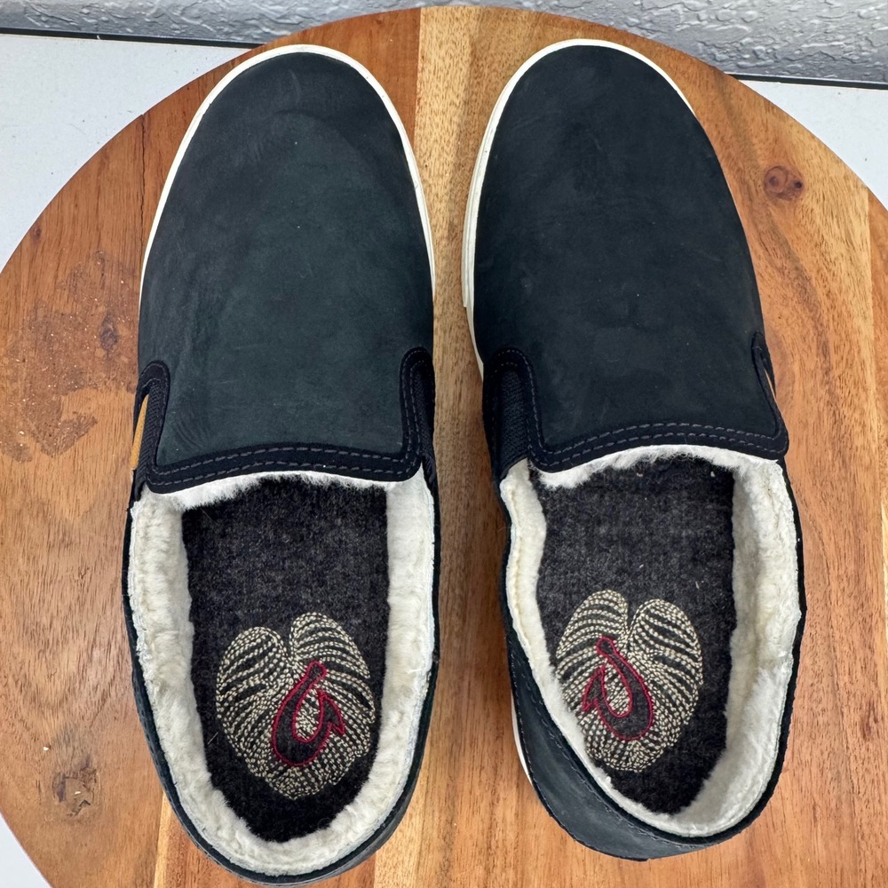 OluKai‎ Pehuea Heu Womens Black Leather Shearling Lined Slip On Shoes W7 - Picture 4 of 8
